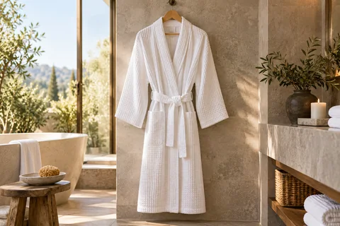 A white waffle bath robe hanging in a spa setting