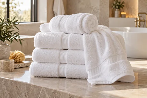 A stack of thick white bath towels in a spa bathroom