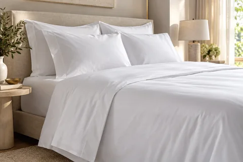 Crisp white sheets on a freshly made hotel bed