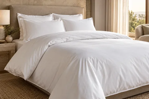 White cotton duvet cover on a hotel bed