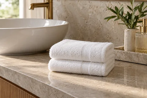 Folded white hand towels beside a washbasin