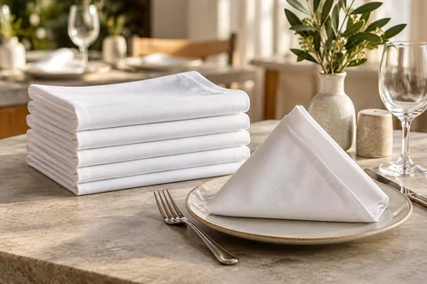 Folded white cotton napkins on a restaurant table