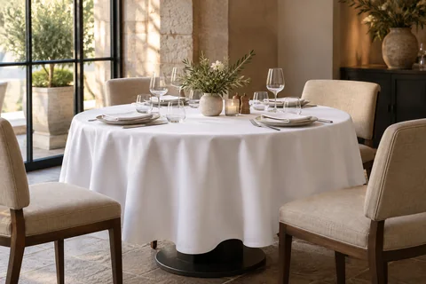 White tablecloth draped over a restaurant table