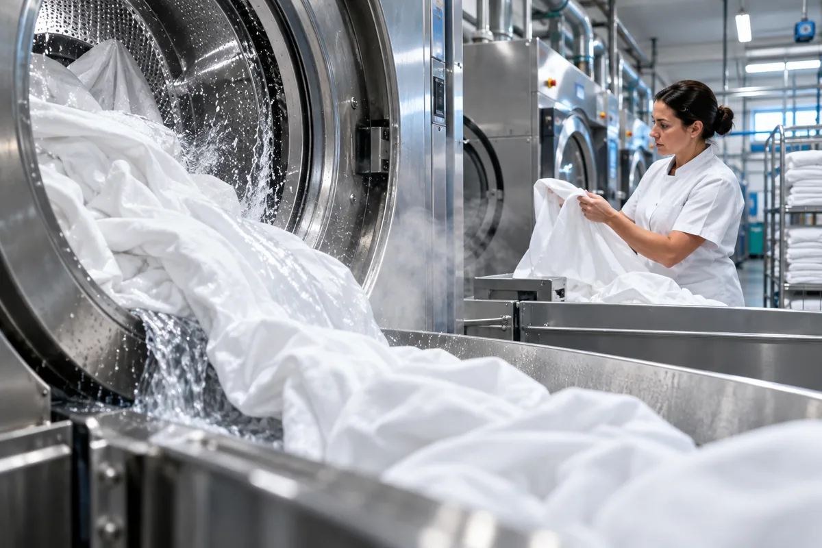 Commercial washing machines and freshly laundered white linen