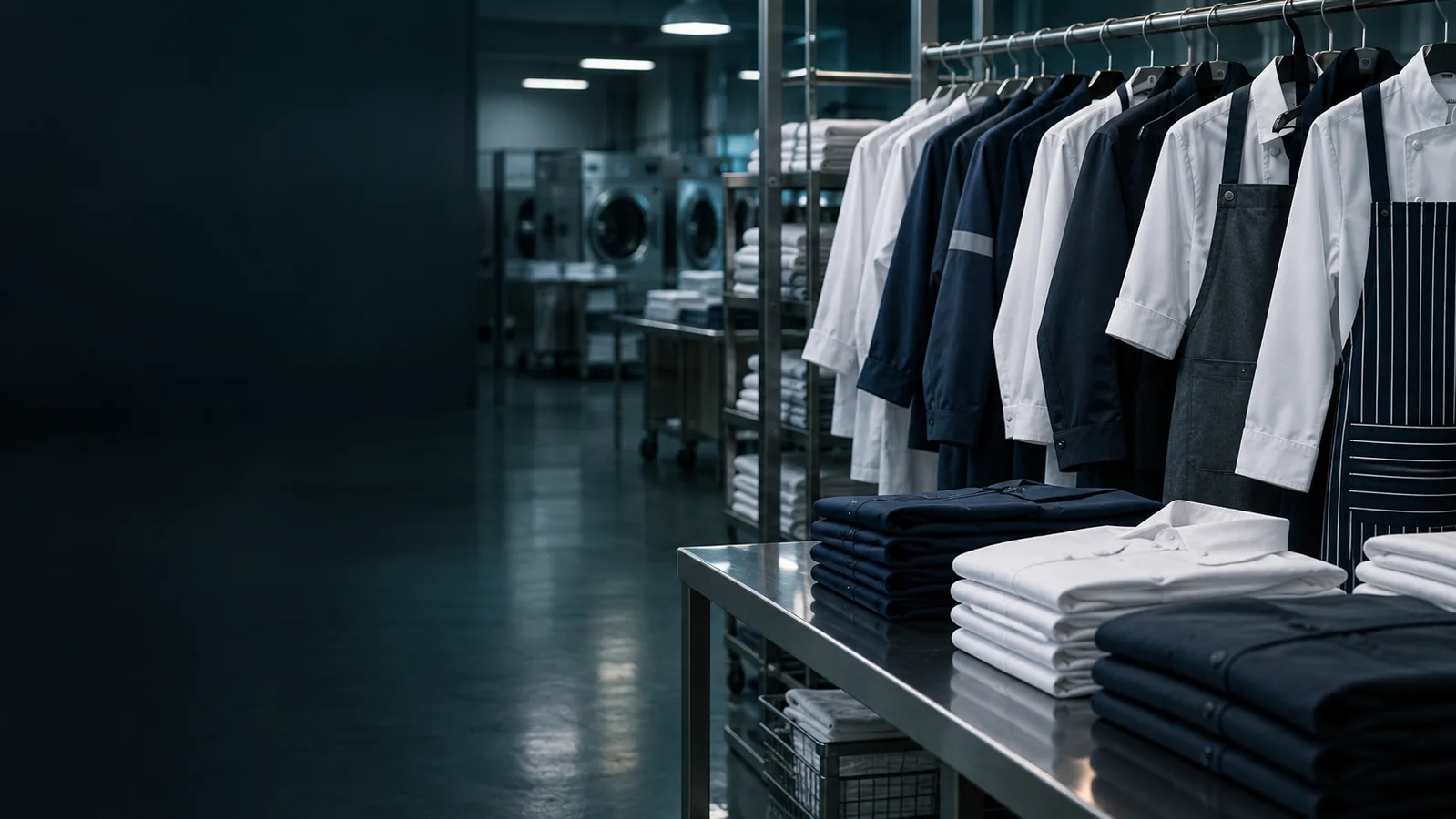 Clean, pressed uniforms and workwear on hangers